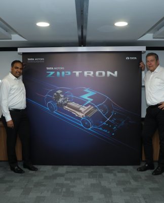 R- L Guenter Butchsek, CEO & MD, Tata Motors Ltd., Shailesh Chandra, President Electric Mobility Business & Corporate Strategy and Anand Kulkarni Product Line Head EVBU at the Tata Motors electric vehicle technology ‘ZIPTRON’ launch event.